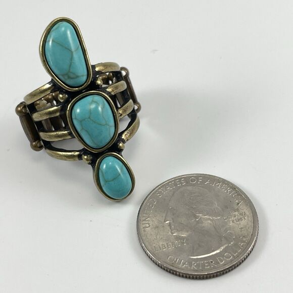 Turquoise Blue Howlite Cabochon Antique Gold Tone Stretch Ring Cocktail Boho - Picture 5 of 6